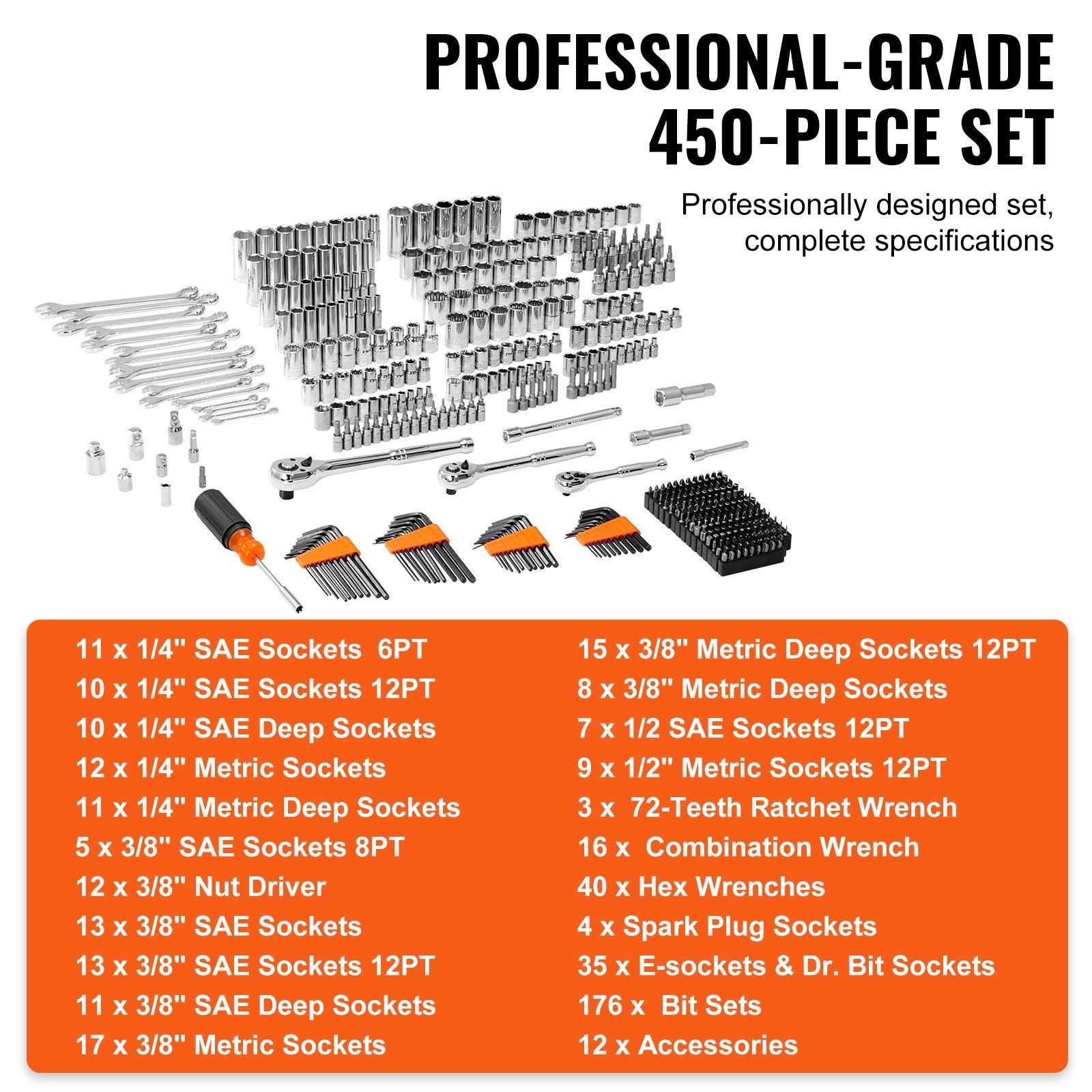 Mechanics Tool Set And Socket Set, Drive Deep And Standard Sockets, 450 Pcs SAE And Metric Mechanic Tool Kit With Bits, Hex Wrenches, Combination Wrench, Accessories, Storage Case