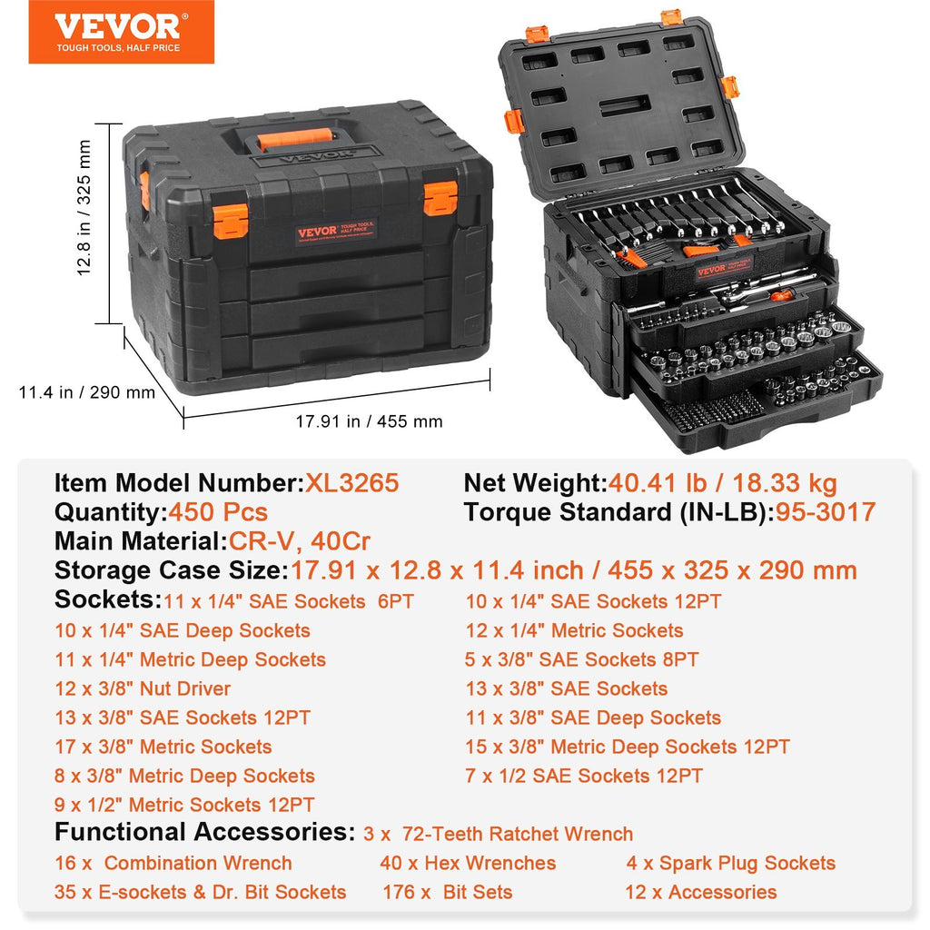 Mechanics Tool Set And Socket Set, Drive Deep And Standard Sockets, 450 Pcs SAE And Metric Mechanic Tool Kit With Bits, Hex Wrenches, Combination Wrench, Accessories, Storage Case